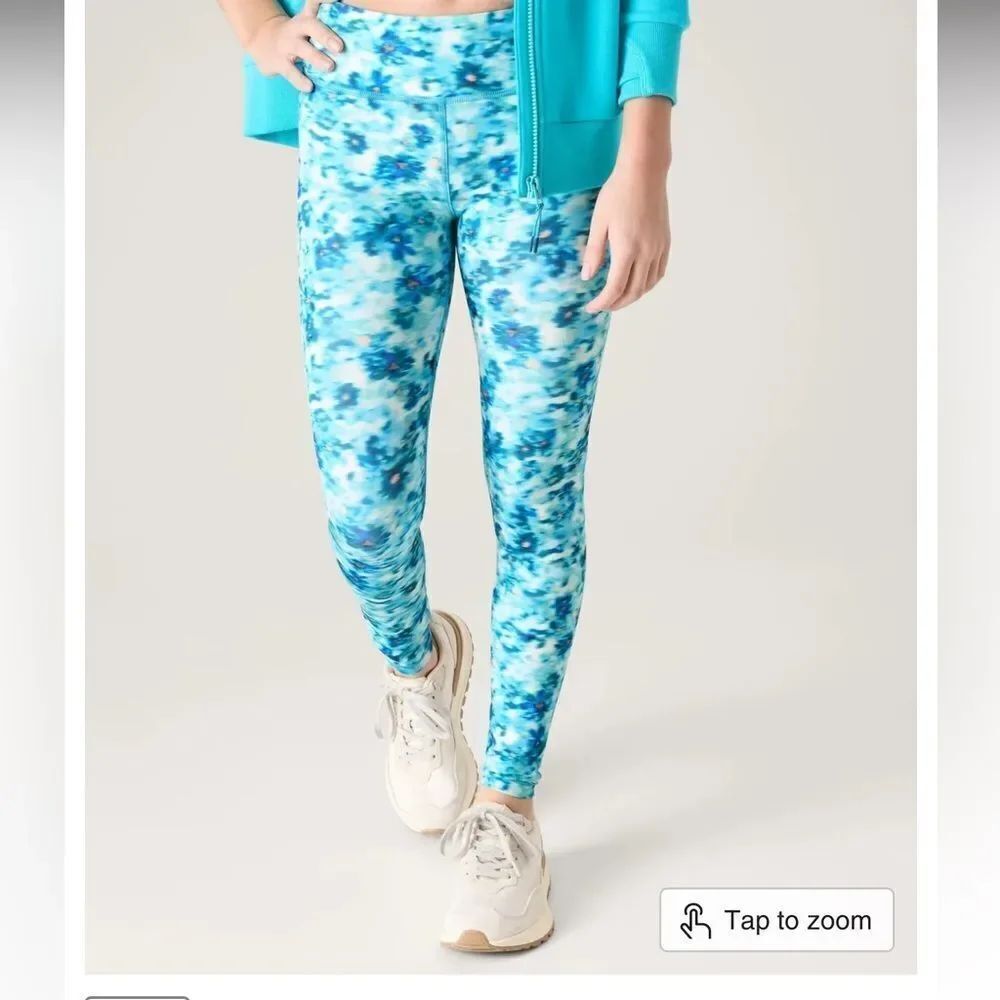 NWT New ATHLETA Girls High Rise Chit Chat Legging Tight Aqua Floral M or XXL